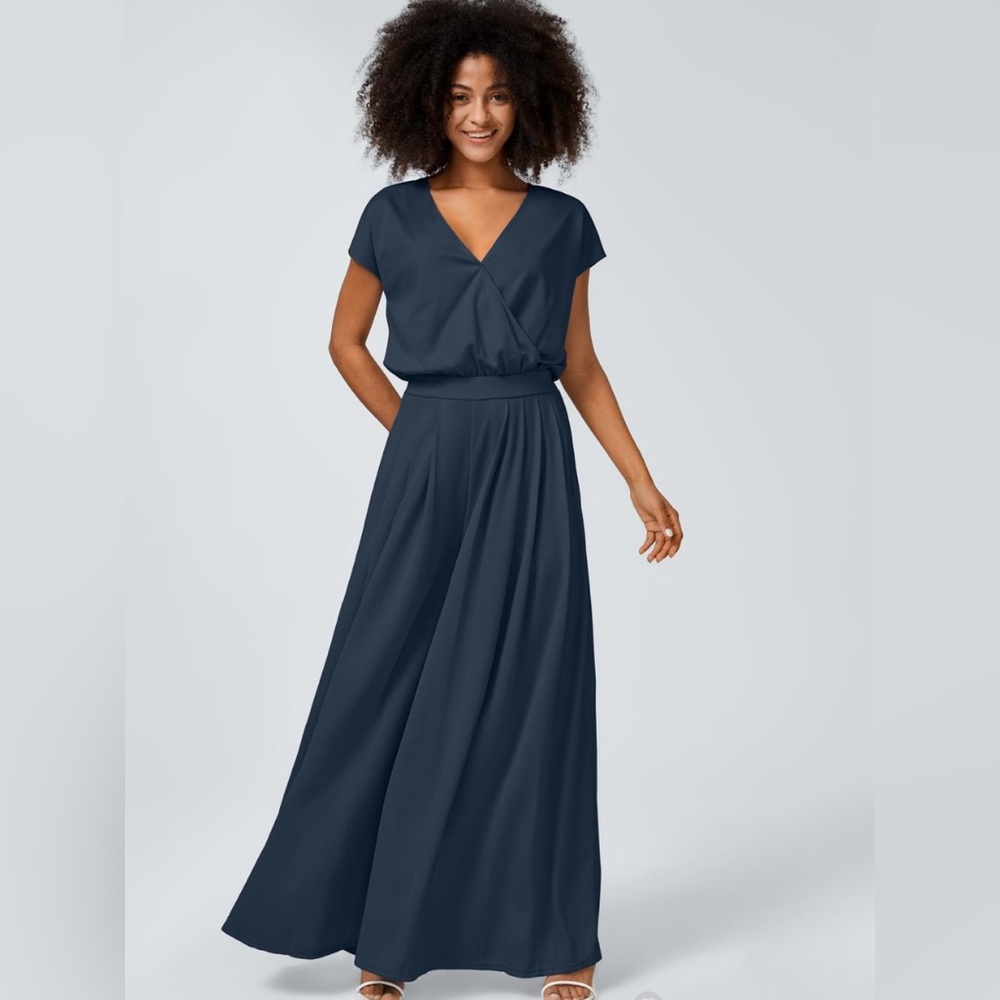 V Neck Short Sleeve Plicated Side Pocket Wide Leg Flowy Waffle Casual Jumpsuit